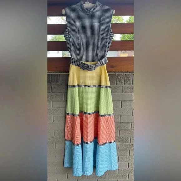 1970s Lisa Cobb Serbin Exclusive Gingham Sleeveless Maxi Dress- XS/S - Picture 1 of 10